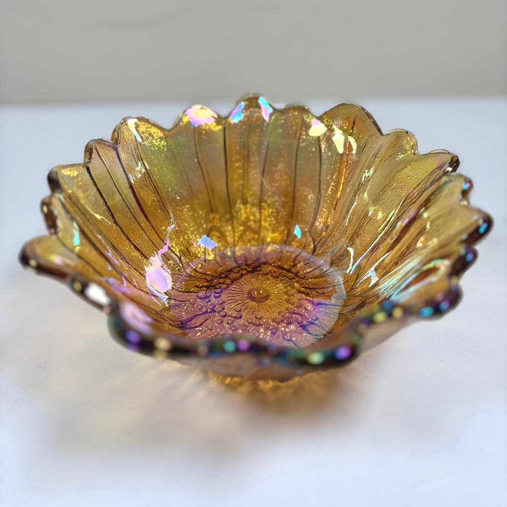 VTG Indiana Glass Marigold Carnival Glass Sunflower Bowl Candy Dish Iridescent
